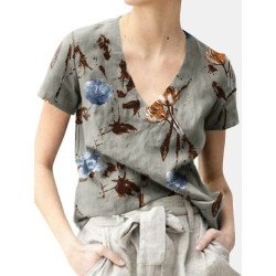 Flower Print Short Sleeve V-neck T-shirt For Women