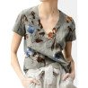 Flower Print Short Sleeve V-neck T-shirt For Women