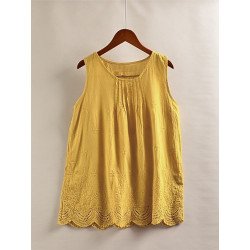 Solid Color Hollow Out Pleated Sleeveless Tank Top