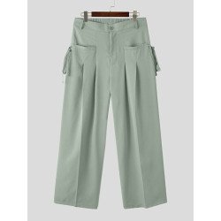 Mens Solid Pleated Tie Side Casual Straight Pants