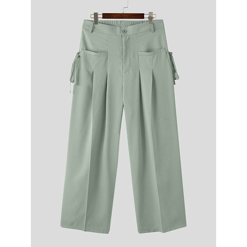 Mens Solid Pleated Tie Side Casual Straight Pants