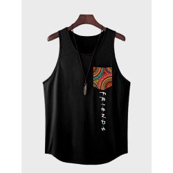 Mens Colorful Geometric Letter Print Pocket Ethnic Sleeveless Tanks