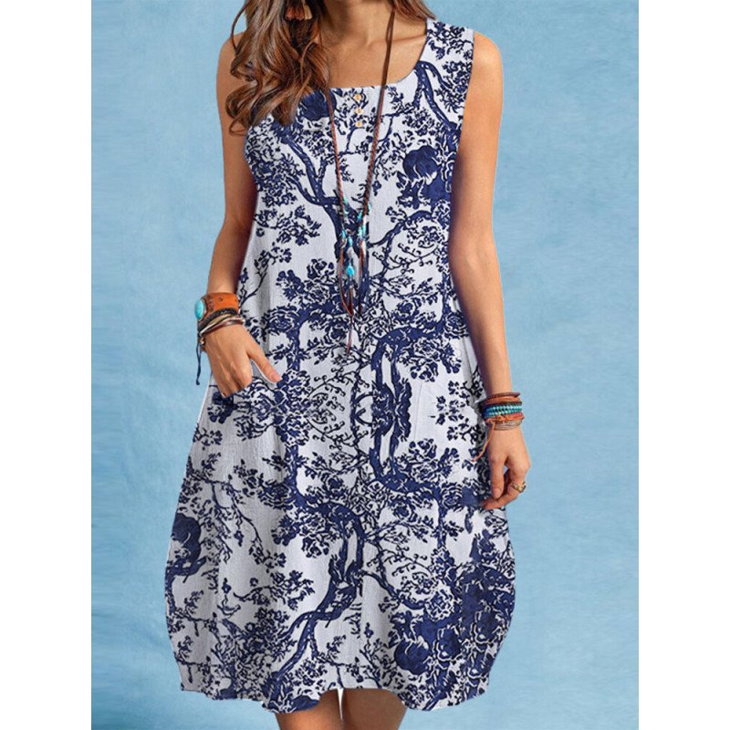 Plants Print Sleeveless Pocket Crew Neck Vintage Dress