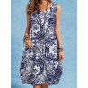 Plants Print Sleeveless Pocket Crew Neck Vintage Dress