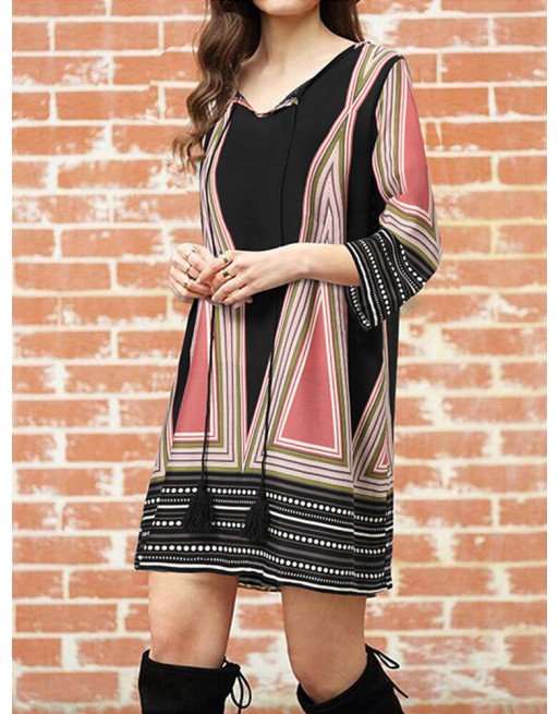 Women Bohemian Geo Pattern Long Sleeve V-neck Dress