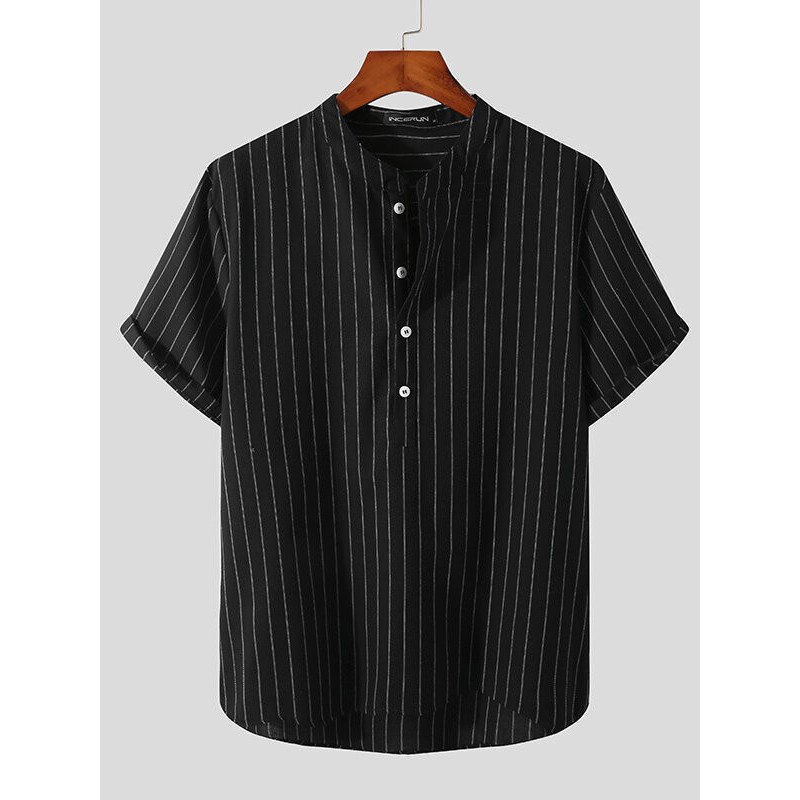 Mens Stripe Print Stand Collar Short Sleeve Shirt