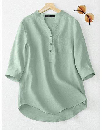 Solid Pocket Button Half Placket 3/4 Sleeve Casual Blouse