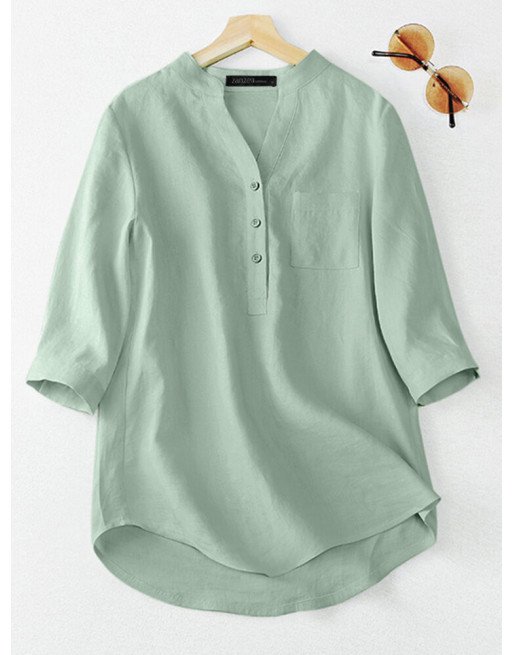 Solid Pocket Button Half Placket 3/4 Sleeve Casual Blouse