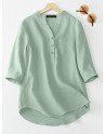 Solid Pocket Button Half Placket 3/4 Sleeve Casual Blouse