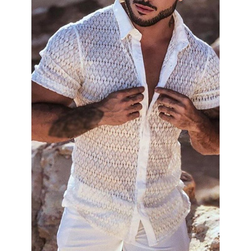Men Sexy Lace Short Sleeve Shirt