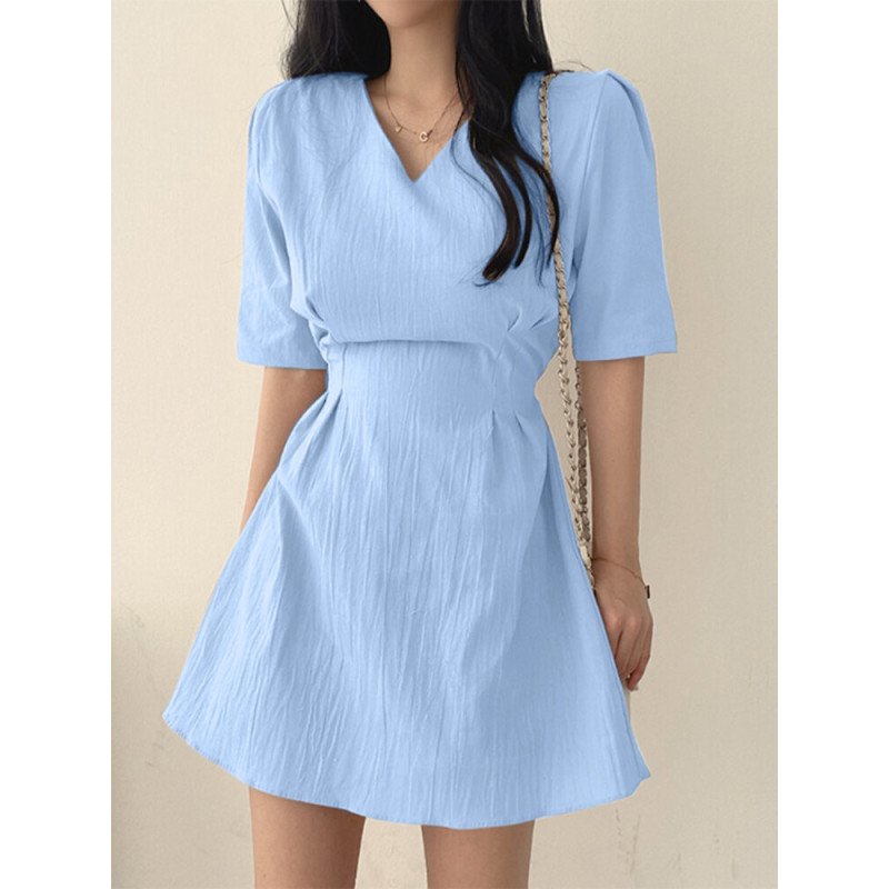 Solid Short Sleeve Tie Back V-neck Casual Dress