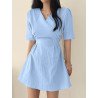 Solid Short Sleeve Tie Back V-neck Casual Dress