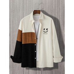 Mens Smile Print Color Block Patchwork Corduroy Long Sleeve Shirts