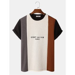 Mens Letter Pattern Knitted Patchwork Crew Neck Short Sleeve T-Shirt