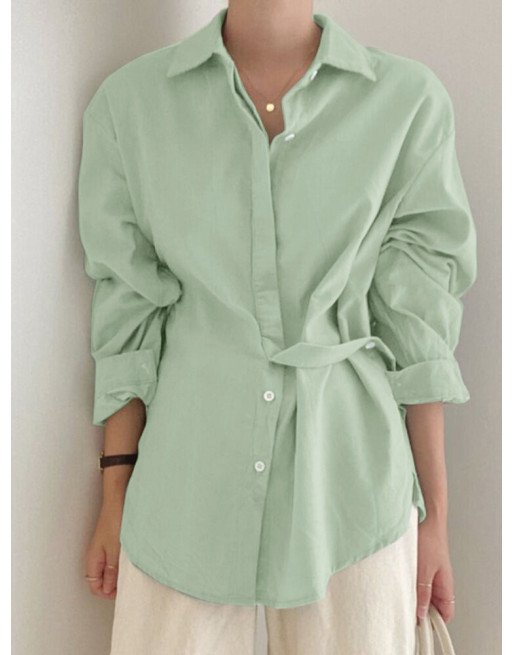 Solid Irregular Button Front Long Sleeve Lapel Blouse