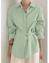 Solid Irregular Button Front Long Sleeve Lapel Blouse