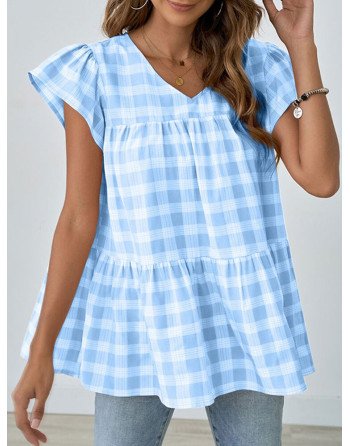 Women Check Print Ruffle Sleeve V-neck A-line Blouse