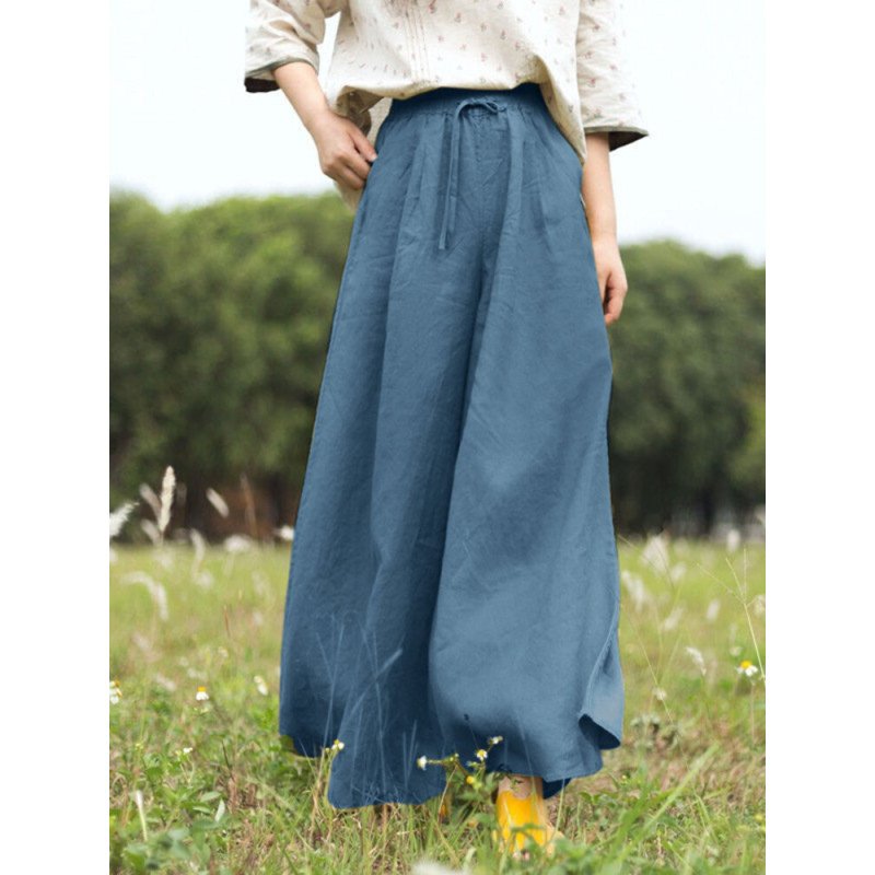 Women Solid Cotton Casual Wide Leg Pants With Pocket