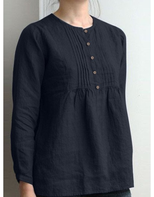 Solid Button Front Pleated Long Sleeve Casual Blouse