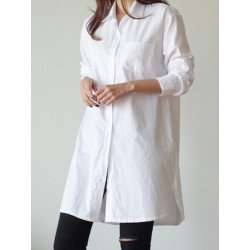 Solid Pocket Lapel Long Sleeve Button Down Shirt Women