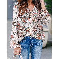 Flower Print V Neck Long Sleeve Casual Blouse