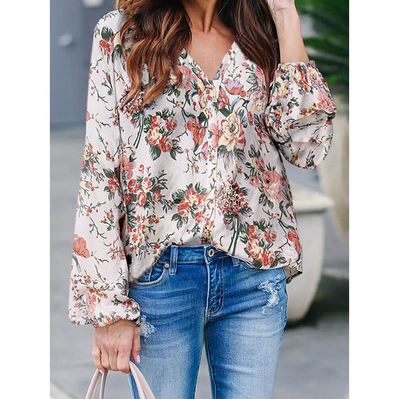 Flower Print V Neck Long Sleeve Casual Blouse