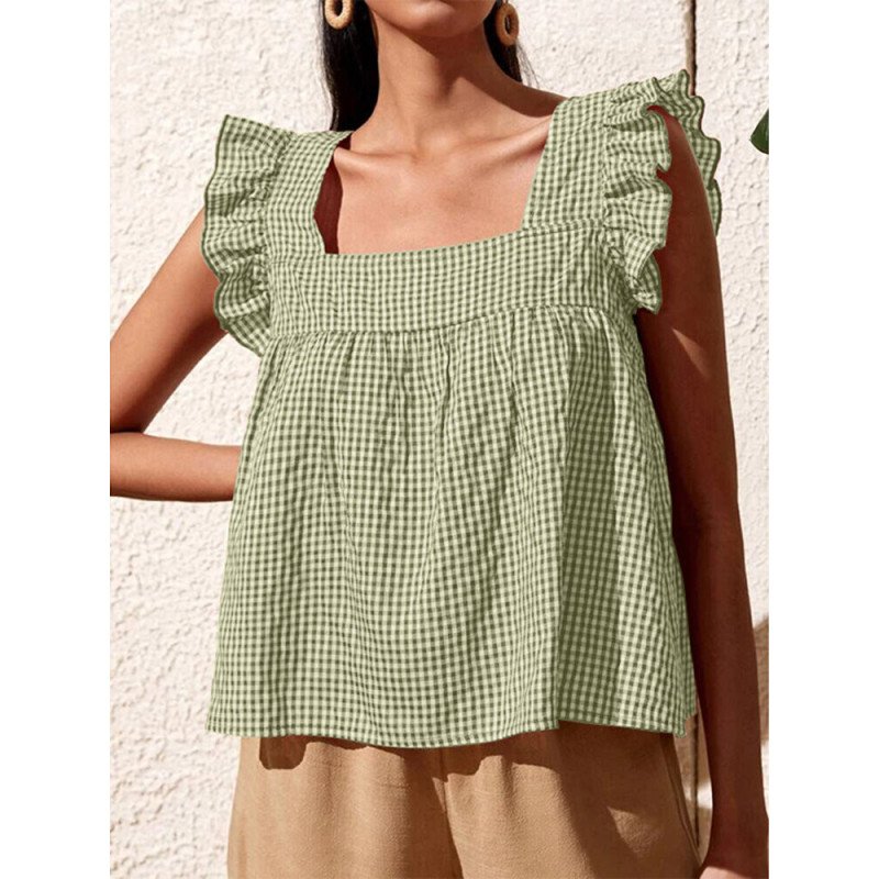 Check Print Ruffle Sleeve Square Collar Casual Blouse