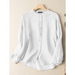 Solid Long Sleeve Button Front Crew Neck Blouse