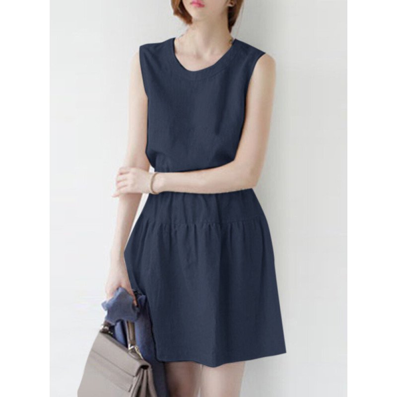 Women Solid Pleated Crew Neck Cotton Casual Sleeveless Dress