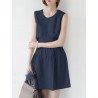 Women Solid Pleated Crew Neck Cotton Casual Sleeveless Dress