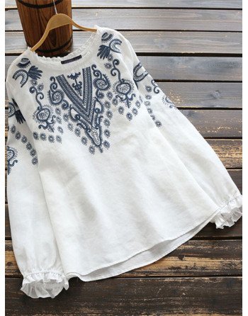 Embroidery Lace Long Sleeve Plus Size Vintage Blouse