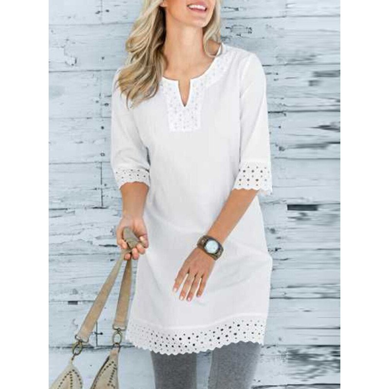 Women Lace Splice Notched Neck Cotton Longline Blouse