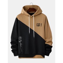 Mens Japanese Rose Print Patchwork Loose Drawstring Hoodies