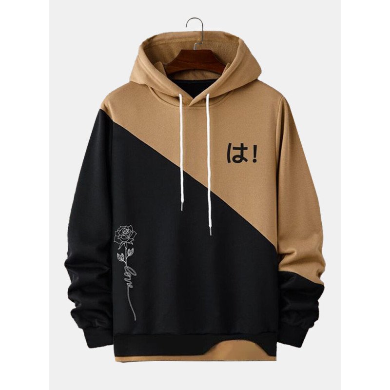 Mens Japanese Rose Print Patchwork Loose Drawstring Hoodies