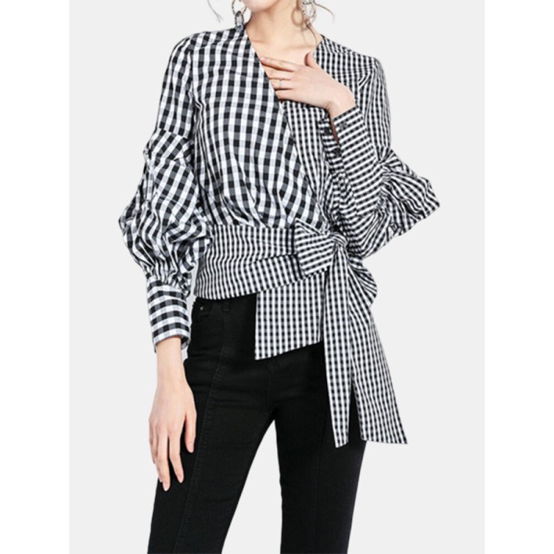 Contrast Plaid Bishop Sleeve Knot Plus Size Blouse