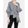 Contrast Plaid Bishop Sleeve Knot Plus Size Blouse