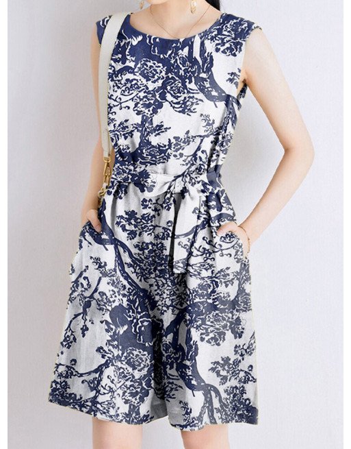 Plants Print Pocket Sleeveless Crew Neck Belt Romper