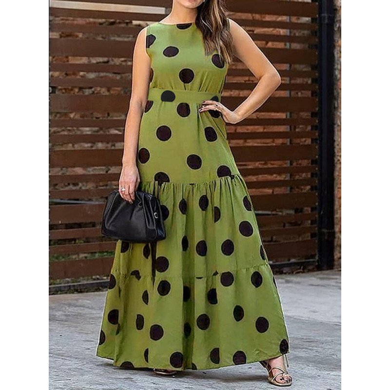 Women Polka Dot Tiered Tie Back Sleeveless Maxi Dress