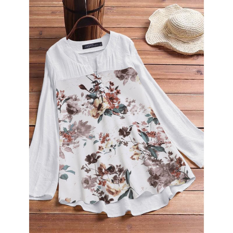Flower Print Patchwork Button Long Sleeve Blouse