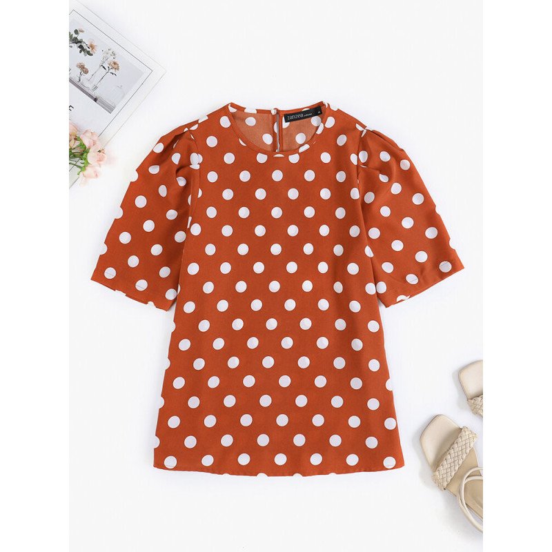 Women Polka Dot Print Crew Neck Casual Puff Sleeve Blouse