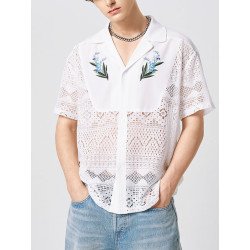 Mens Plant Print Lace Patchwork Casual 100%Cotton Shirt