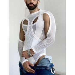 Mens Mesh Hollow Vests Long Sleeve Bodysuit Set