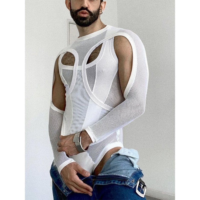 Mens Mesh Hollow Vests Long Sleeve Bodysuit Set