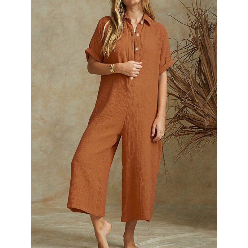 Casual Short Sleeve Button Lapel Plus Size Jumpsuit