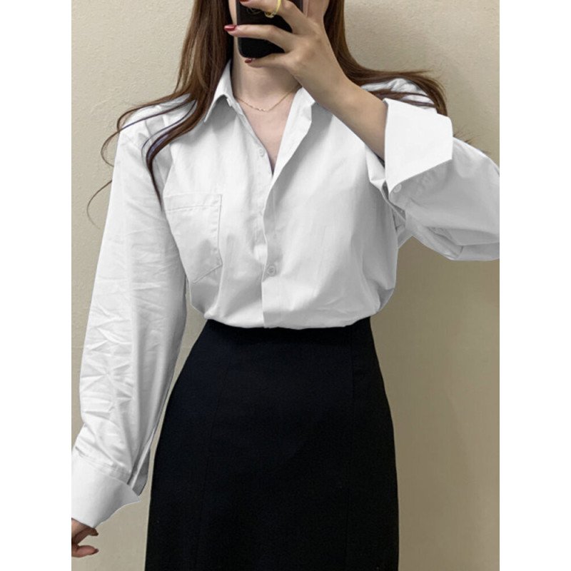Solid Long Sleeve Pocket Lapel Button Front Shirt