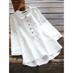 Casual Solid Color Shirt Lapel Collar Long Sleeve Cotton Blouse