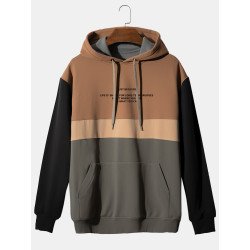 Mens Letter Print Color Block Patchwork Kangaroo Pocket Hoodies