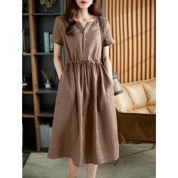 Solid Pocket Drawstring Waist Button Short Sleeve Dress