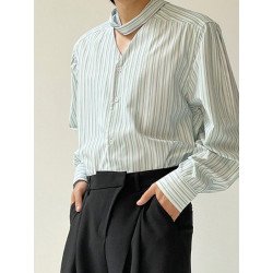 Mens Japan Striped Bowknot Long Sleeve Shirt