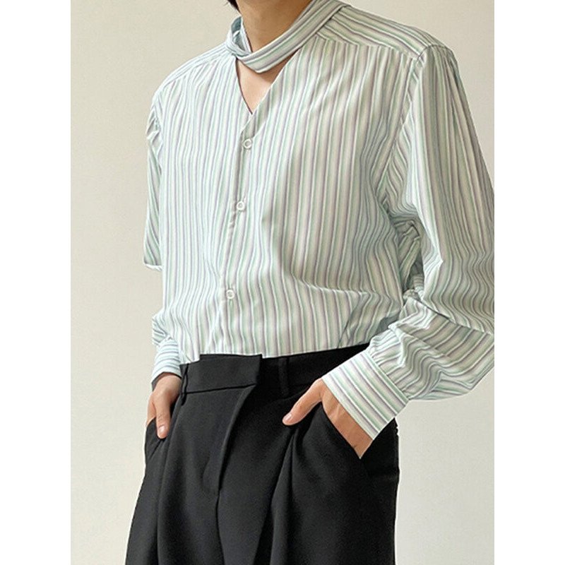 Mens Japan Striped Bowknot Long Sleeve Shirt